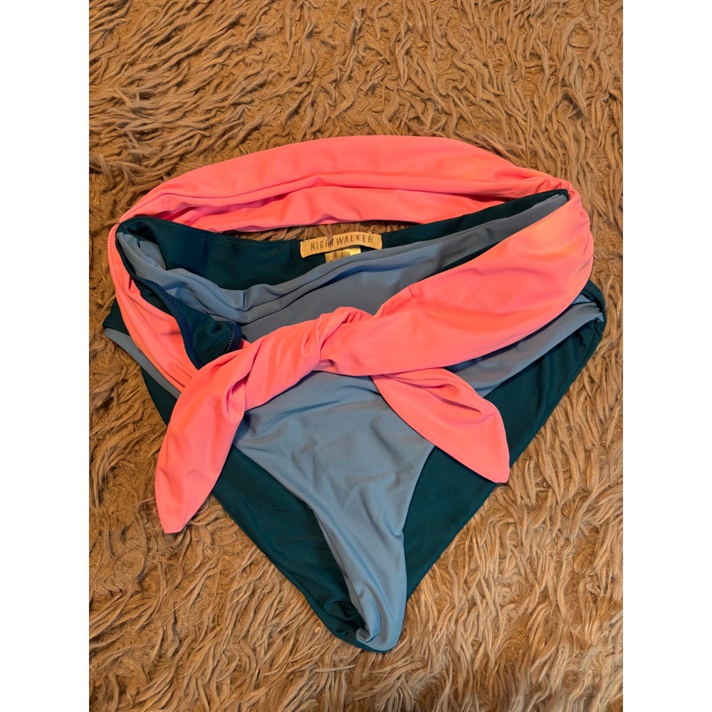 Nightwalker Colorblock Tie Waist Bikini Bottoms Pink Blue Teal Small 80's